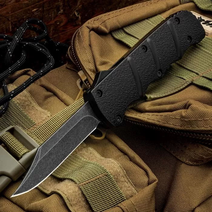 Black Jacket OTF Automatic Knife And Sheath - Stainless Steel Blade, Metal Alloy Handle, Pocket Clip - Length 8 3/4" 3 Black Jacket OTF Automatic Knife And Sheath - Stainless Steel Blade, Metal Alloy Handle, Pocket Clip - Length 8 3/4"