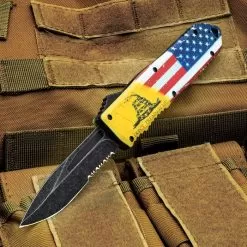 Don't Tread On Me OTF Automatic Knife And Sheath - Stainless Steel Blade, 3D-Printed Metal Handle, Pocket Clip