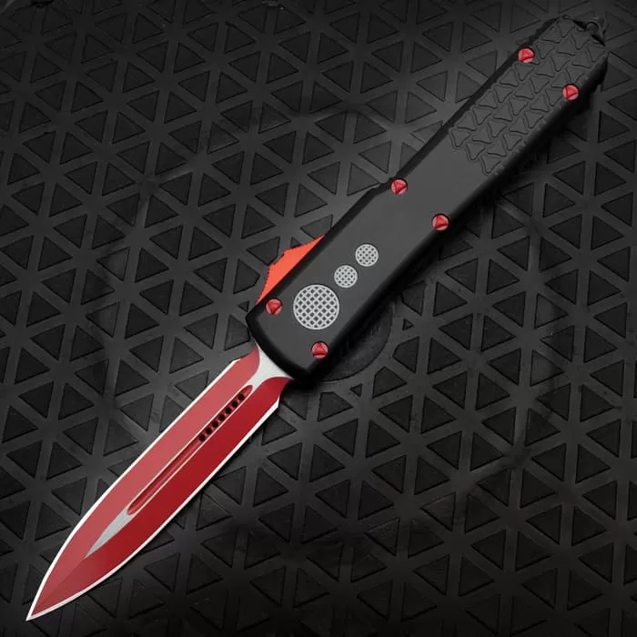 Digi-Red OTF Automatic Knife And Sheath - Stainless Steel Blade, Aluminum Handle, Pocket Clip - Length 8 3/4" 3 Digi-Red OTF Automatic Knife And Sheath - Stainless Steel Blade, Aluminum Handle, Pocket Clip - Length 8 3/4"