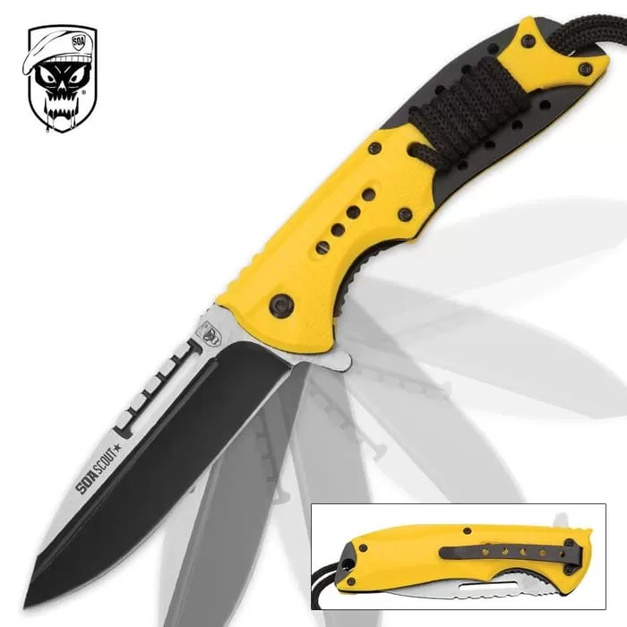 SOA Scout Assisted Opening Pocket Knife - Yellow With Black Paracord Wrapping 3 SOA Scout Assisted Opening Pocket Knife - Yellow With Black Paracord Wrapping