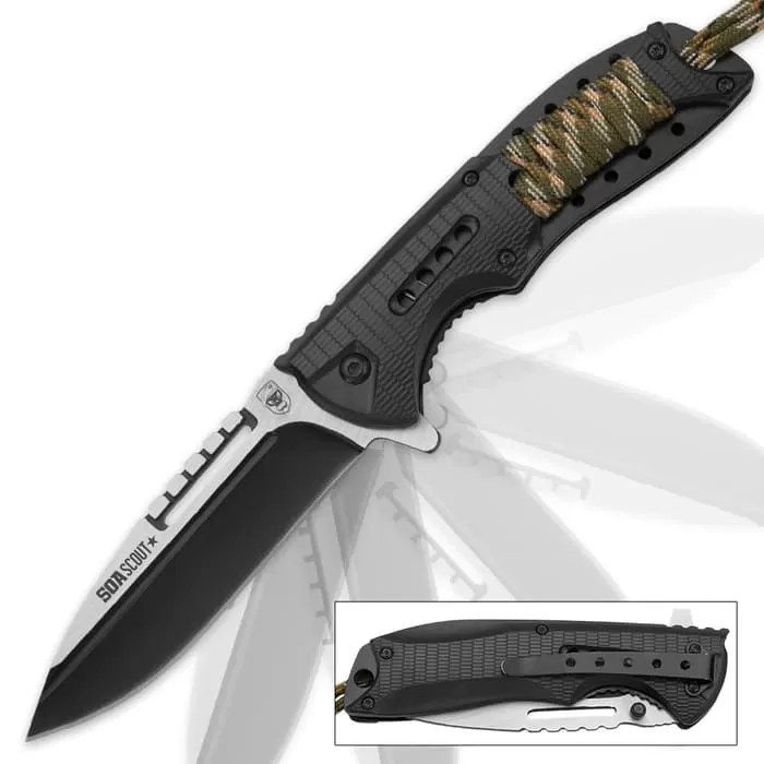 SOA Scout Assisted Opening Pocket Knife - Black With Camo Paracord Wrapping 3 SOA Scout Assisted Opening Pocket Knife - Black With Camo Paracord Wrapping