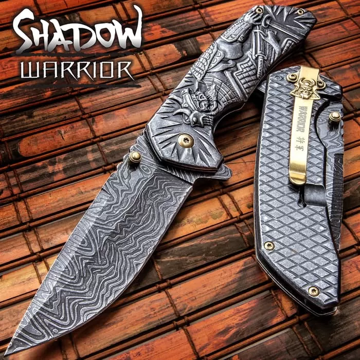 Shadow Warrior Assisted Opening Pocket Knife | DamascTec Steel Blade | Black And Gold 3 Shadow Warrior Assisted Opening Pocket Knife | DamascTec Steel Blade | Black And Gold