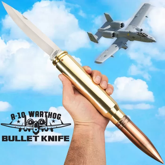 A-10 Warthog Bullet Pocket Knife - 30MM Caliber Round, Stainless Steel Blade, Antiqued Brass Case Construction - Length 19 1/2” 3 A-10 Warthog Bullet Pocket Knife - 30MM Caliber Round, Stainless Steel Blade, Antiqued Brass Case Construction - Length 19 1/2”