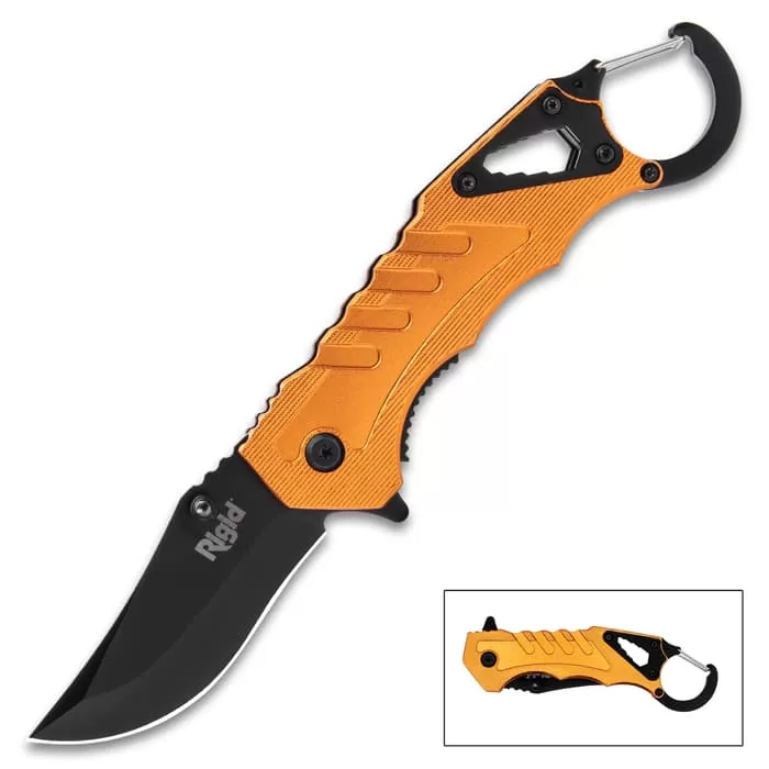 Rigid Multi-Function Knife With Carabiner Clip - 3Cr13 Stainless Steel Blade, Orange Aluminum Handle, Assisted Opening 3 Rigid Multi-Function Knife With Carabiner Clip - 3Cr13 Stainless Steel Blade, Orange Aluminum Handle, Assisted Opening