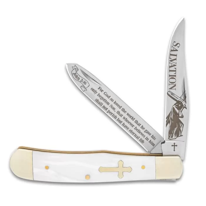 Salvation Pearl Trapper Pocket Knife - Stainless Steel Blades, Faux Pearl Handle Scales, Nickel Silver Bolsters - Closed 4” 3 Salvation Pearl Trapper Pocket Knife - Stainless Steel Blades, Faux Pearl Handle Scales, Nickel Silver Bolsters - Closed 4”