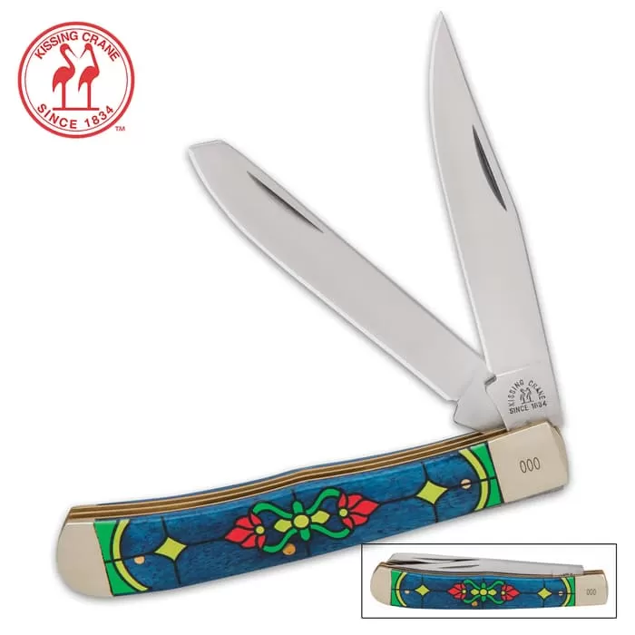Kissing Crane Sapphire Stained Glass Trapper Knife - Stainless Steel Blades, Bone Handle Scales, Nickel Silver Bolsters 2 Kissing Crane Sapphire Stained Glass Trapper Knife - Stainless Steel Blades, Bone Handle Scales, Nickel Silver Bolsters