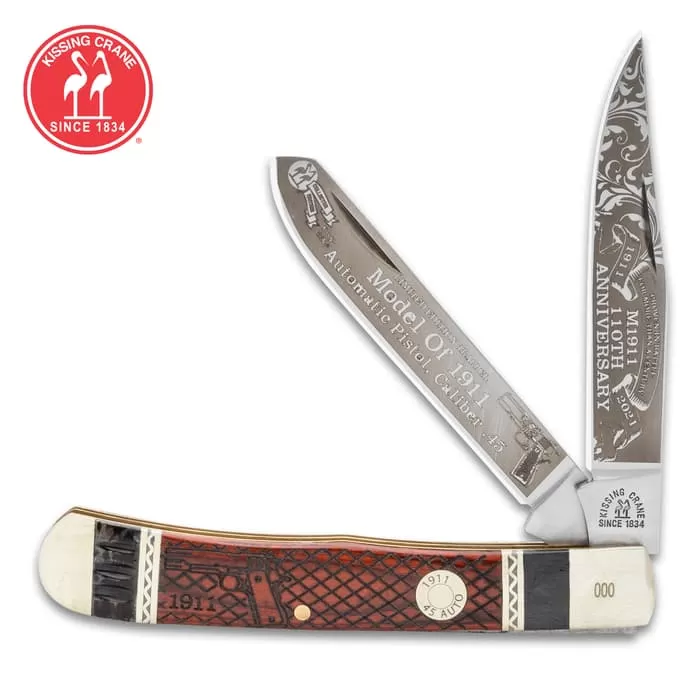 Kissing Crane M1911 Pistol Trapper Pocket Knife - Stainless Steel Blades, Wooden Handle Scales, Nickel Silver Bolsters 3 Kissing Crane M1911 Pistol Trapper Pocket Knife - Stainless Steel Blades, Wooden Handle Scales, Nickel Silver Bolsters