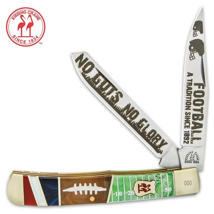 Kissing Crane Football Trapper - Stainless Steel Blades, Wooden Handle, 3D-Printed Artwork, Nickel Silver Bolsters 3 Kissing Crane Football Trapper - Stainless Steel Blades, Wooden Handle, 3D-Printed Artwork, Nickel Silver Bolsters