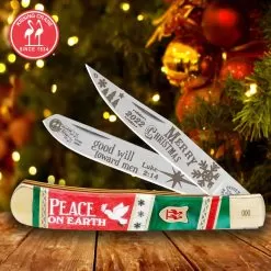 Kissing Crane 2022 Christmas Trapper Knife - Stainless Steel Blades, Bone Handle Scales, Nickel Silver Bolsters, Individually Serialized