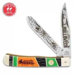 Kissing Crane 2022 Halloween Trapper Knife - Stainless Steel Blades, Bone Handle Scales, Nickel Silver Bolsters, Individually Serialized