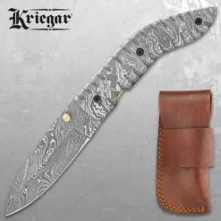 Kriegar Damascus Pocket Knife With Pouch - Damascus Steel Blade, Damascus Steel Handle, Brass Thumbstud - Closed 4 1/2β