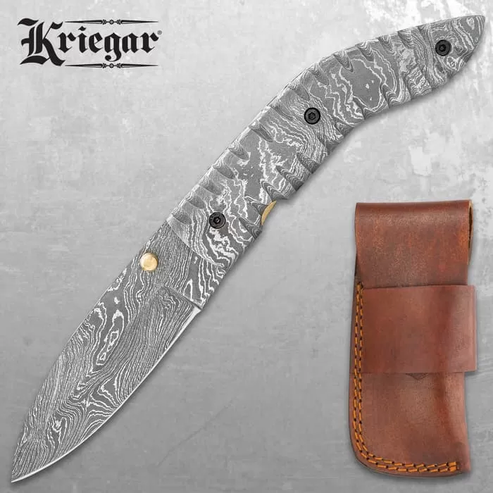 Kriegar Damascus Pocket Knife With Pouch - Damascus Steel Blade, Damascus Steel Handle, Brass Thumbstud - Closed 4 1/2” 3 Kriegar Damascus Pocket Knife With Pouch - Damascus Steel Blade, Damascus Steel Handle, Brass Thumbstud - Closed 4 1/2”