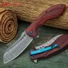 Shinwa Kikori Pocket Knife - Damascus Pattern Steel Blade, Wooden Handle Scales, Assisted Opening, Pocket Clip -Knife Shop A19 KZ1115