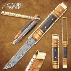 Timber Wolf Brass Barrister Pocket Knife - Damascus Steel Blade, Wooden Handle, Brass Pins And Liners - Closed 4 1/2”