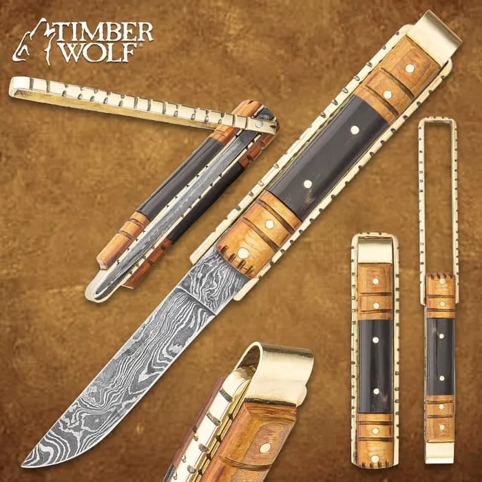 Timber Wolf Brass Barrister Pocket Knife - Damascus Steel Blade, Wooden Handle, Brass Pins And Liners - Closed 4 1/2” 3 Timber Wolf Brass Barrister Pocket Knife - Damascus Steel Blade, Wooden Handle, Brass Pins And Liners - Closed 4 1/2”