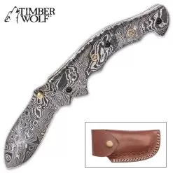 Timber Wolf Steam Pocket Knife - Damascus Steel Blade, Assisted Opening, Damascus Steel Handle, Brass Liners, Rosette Accents