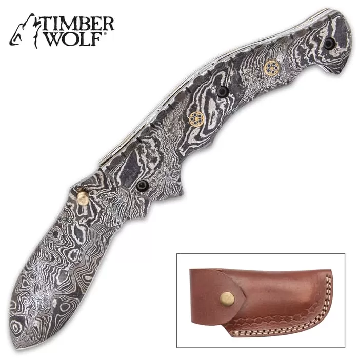 Timber Wolf Steam Pocket Knife - Damascus Steel Blade, Assisted Opening, Damascus Steel Handle, Brass Liners, Rosette Accents 3 Timber Wolf Steam Pocket Knife - Damascus Steel Blade, Assisted Opening, Damascus Steel Handle, Brass Liners, Rosette Accents