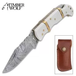Timber Wolf Ivory Coast Pocket Knife - Damascus Steel Blade, Bone Handle Scales, Brass Fileworked Spacers - Closed 3 3/4"