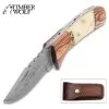 Timber Wolf Tombstone Pocket Knife And Sheath - Damascus Steel Blade, Wood And Bone Handle, Brass Filework Accents -Knife Shop A19 TW1405