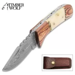 Timber Wolf Tombstone Pocket Knife And Sheath - Damascus Steel Blade, Wood And Bone Handle, Brass Filework Accents