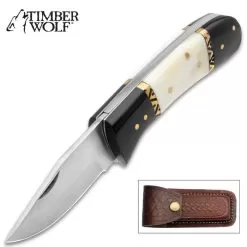 Timber Wolf Dodge City Pocket Knife And Sheath - Stainless Steel Blade, Bone Handle, Brass Filework Accents