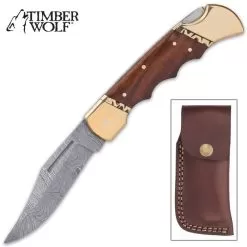 Timber Wolf Chief Executive Pocket Knife - Damascus Steel Blade, Wooden Handle Scales, Brass Bolsters, Fileworked Spine