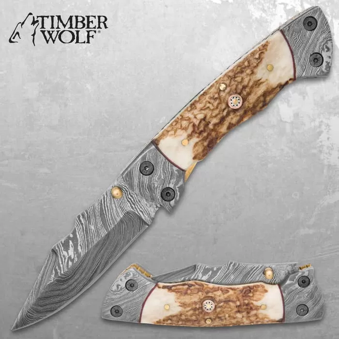 Timber Wolf Damascus And Stag Horn Pocket Knife - Damascus Steel Blade, Stag Horn Handle, File Worked Brass Liners - Closed 4 1/2” 3 Timber Wolf Damascus And Stag Horn Pocket Knife - Damascus Steel Blade, Stag Horn Handle, File Worked Brass Liners - Closed 4 1/2”