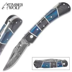 Timber Wolf Rainshadow Handmade Pocket Knife / Folder - Hand Forged Damascus Steel, File Worked Scalloping - Royal Blue And Smoky Black / Gray Pakkawood - Collectible, Everyday Carry, Gift - 4" Closed