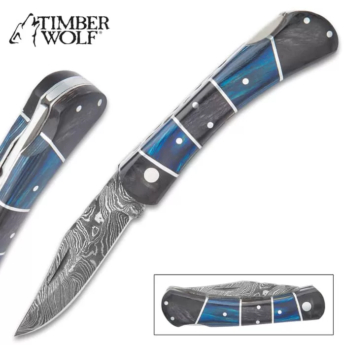 Timber Wolf Rainshadow Handmade Pocket Knife / Folder - Hand Forged Damascus Steel, File Worked Scalloping - Royal Blue And Smoky Black / Gray Pakkawood - Collectible, Everyday Carry, Gift - 4" Closed 3 Timber Wolf Rainshadow Handmade Pocket Knife / Folder - Hand Forged Damascus Steel, File Worked Scalloping - Royal Blue And Smoky Black / Gray Pakkawood - Collectible, Everyday Carry, Gift - 4" Closed