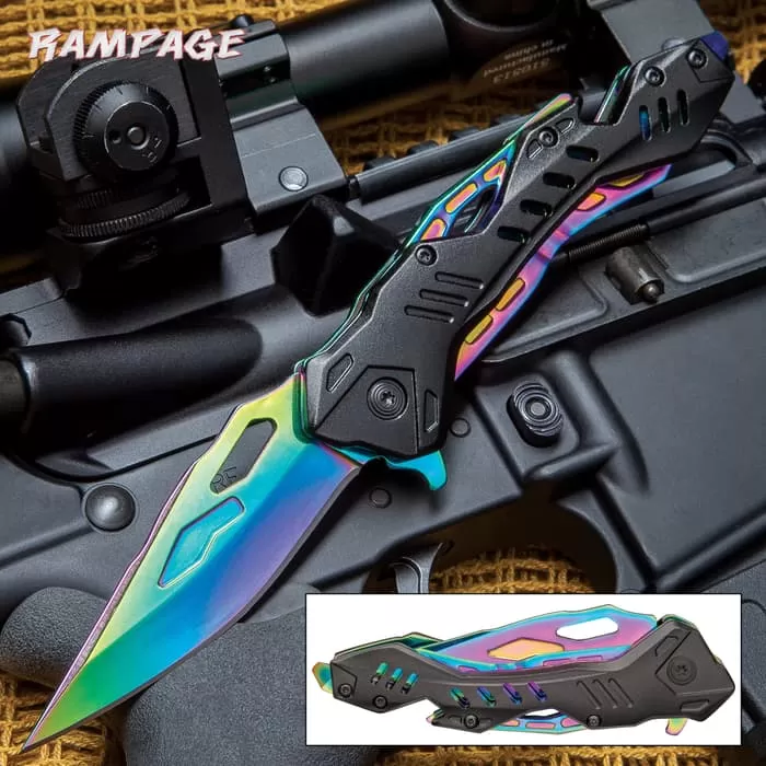 Rampage® Rainbow Atomica Assisted Opening Pocket Knife - Stainless Steel Blade, Aluminum Handle, Bottle Opener, Pocket Clip - Closed 4 3/4” 3 Rampage® Rainbow Atomica Assisted Opening Pocket Knife - Stainless Steel Blade, Aluminum Handle, Bottle Opener, Pocket Clip - Closed 4 3/4”