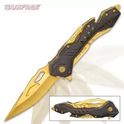 Rampage Gold Atomica Assisted Opening Pocket Knife - Stainless Steel Blade, Aluminum Handle, Bottle Opener, Pocket Clip - Closed 4 3/4”