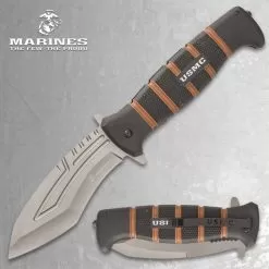 USMC Maximum Assisted Opening Pocket Knife - Titanium Coated Stainless Steel Blade, TPR Handle, Pocket Clip - Closed 7”
