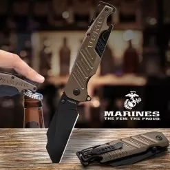 USMC Brewski Pocket Knife With Bottle Opener - 3Cr13 Stainless Steel Blade, Aluminum Handle, Bottle Opener, Carabiner Clip, Screwdriver