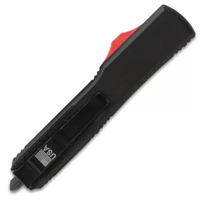 Digi-Red OTF Automatic Knife And Sheath - Stainless Steel Blade, Aluminum Handle, Pocket Clip - Length 8 3/4" 4 Digi-Red OTF Automatic Knife And Sheath - Stainless Steel Blade, Aluminum Handle, Pocket Clip - Length 8 3/4" - Image 2