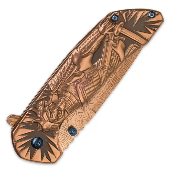 Shadow Warrior Assisted Opening Pocket Knife | DamascTec Steel Blade | Gold And Blue 4 Shadow Warrior Assisted Opening Pocket Knife | DamascTec Steel Blade | Gold And Blue - Image 2
