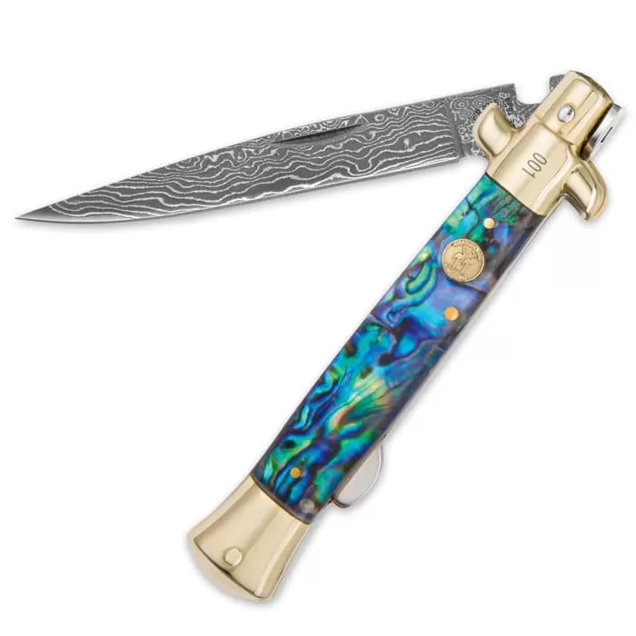 Kissing Crane Genuine Abalone Damascus Stiletto Knife 4 Kissing Crane Genuine Abalone Damascus Stiletto Knife - Image 2