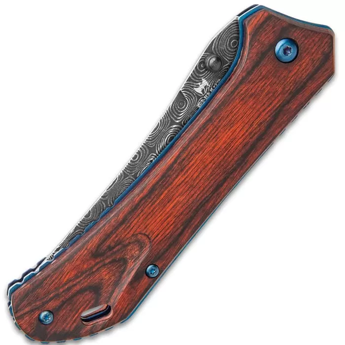 Shinwa Zhanshi Bloodwood Assisted Opening Pocket Knife - Stainless Steel Blade, Wooden Handle Scales, Blue Liners And Pocket Clip 4 Shinwa Zhanshi Bloodwood Assisted Opening Pocket Knife - Stainless Steel Blade, Wooden Handle Scales, Blue Liners And Pocket Clip - Image 2