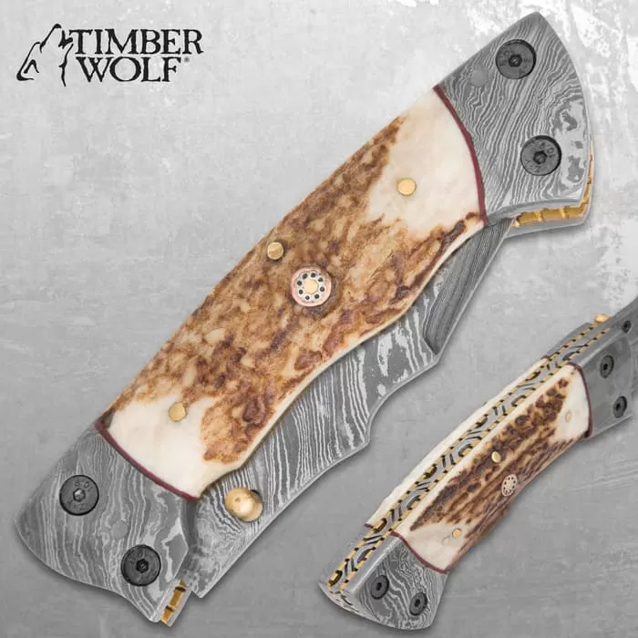 Timber Wolf Damascus And Stag Horn Pocket Knife - Damascus Steel Blade, Stag Horn Handle, File Worked Brass Liners - Closed 4 1/2” 4 Timber Wolf Damascus And Stag Horn Pocket Knife - Damascus Steel Blade, Stag Horn Handle, File Worked Brass Liners - Closed 4 1/2” - Image 2