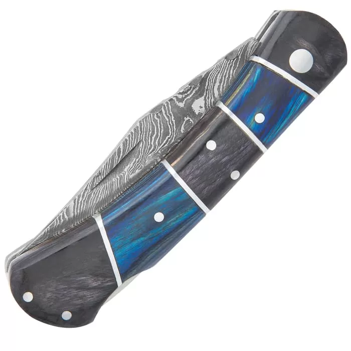 Timber Wolf Rainshadow Handmade Pocket Knife / Folder - Hand Forged Damascus Steel, File Worked Scalloping - Royal Blue And Smoky Black / Gray Pakkawood - Collectible, Everyday Carry, Gift - 4" Closed 4 Timber Wolf Rainshadow Handmade Pocket Knife / Folder - Hand Forged Damascus Steel, File Worked Scalloping - Royal Blue And Smoky Black / Gray Pakkawood - Collectible, Everyday Carry, Gift - 4" Closed - Image 2