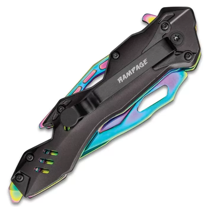 Rampage® Rainbow Atomica Assisted Opening Pocket Knife - Stainless Steel Blade, Aluminum Handle, Bottle Opener, Pocket Clip - Closed 4 3/4” 4 Rampage® Rainbow Atomica Assisted Opening Pocket Knife - Stainless Steel Blade, Aluminum Handle, Bottle Opener, Pocket Clip - Closed 4 3/4” - Image 2