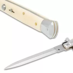 Automatic Italian Ivory Stiletto Knife With Pouch - Stainless Steel Blade, Faux Ivory Handle, Brass Pins - Length 13" -Knife Shop D04 VB2310