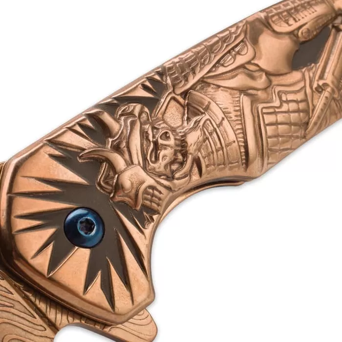 Shadow Warrior Assisted Opening Pocket Knife | DamascTec Steel Blade | Gold And Blue 5 Shadow Warrior Assisted Opening Pocket Knife | DamascTec Steel Blade | Gold And Blue - Image 3