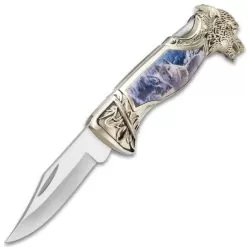 Winter Wolf Pocket Knife - 3Cr13 Stainless Steel, Sculpted Cast Metal And TPU Handle, Colorful Artwork, Liner Lock - Closed 5” -Knife Shop D19 BK4885