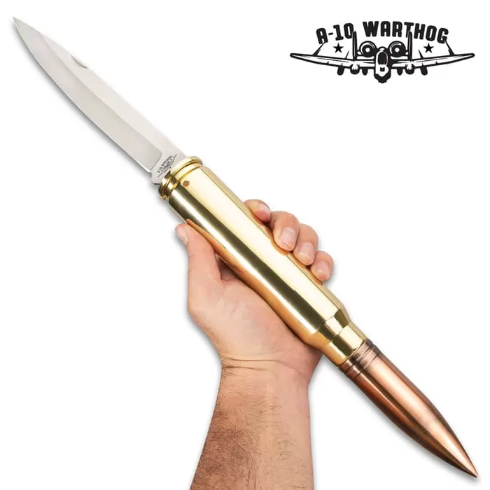 A-10 Warthog Bullet Pocket Knife - 30MM Caliber Round, Stainless Steel Blade, Antiqued Brass Case Construction - Length 19 1/2” 5 A-10 Warthog Bullet Pocket Knife - 30MM Caliber Round, Stainless Steel Blade, Antiqued Brass Case Construction - Length 19 1/2” - Image 3