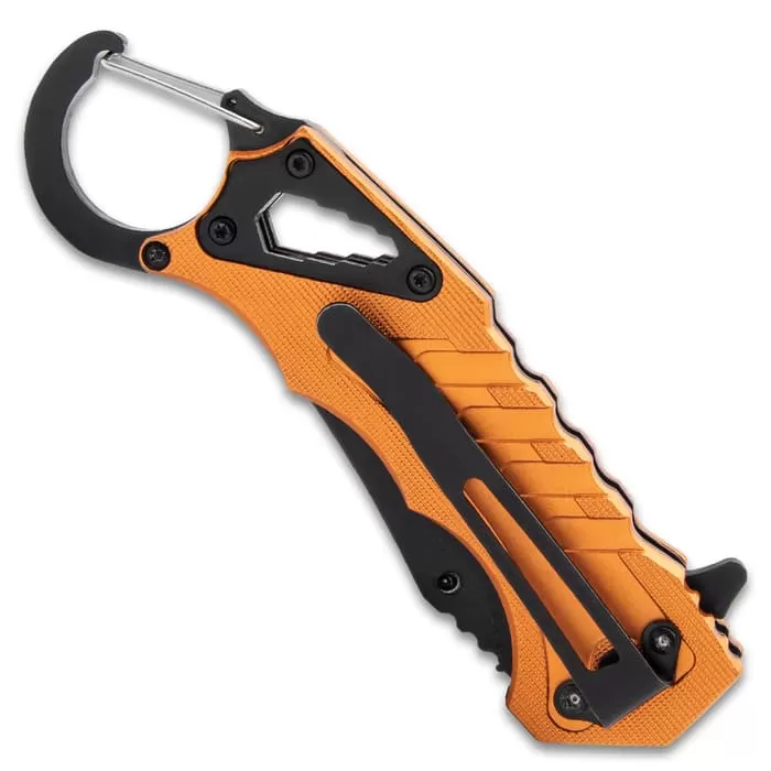 Rigid Multi-Function Knife With Carabiner Clip - 3Cr13 Stainless Steel Blade, Orange Aluminum Handle, Assisted Opening 5 Rigid Multi-Function Knife With Carabiner Clip - 3Cr13 Stainless Steel Blade, Orange Aluminum Handle, Assisted Opening - Image 3