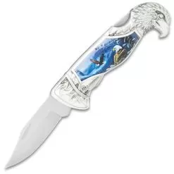 Winter Eagle Pocket Knife - 3Cr13 Stainless Steel Blade, Sculpted Cast Metal And TPU Handle, Eagle Artwork - Closed 5” -Knife Shop D19 BK5860