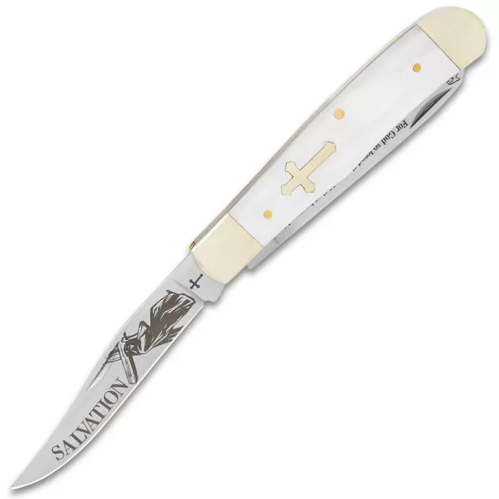 Salvation Pearl Trapper Pocket Knife - Stainless Steel Blades, Faux Pearl Handle Scales, Nickel Silver Bolsters - Closed 4” 5 Salvation Pearl Trapper Pocket Knife - Stainless Steel Blades, Faux Pearl Handle Scales, Nickel Silver Bolsters - Closed 4” - Image 3