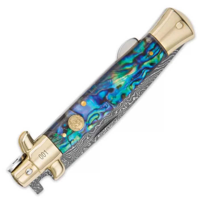 Kissing Crane Genuine Abalone Damascus Stiletto Knife 5 Kissing Crane Genuine Abalone Damascus Stiletto Knife - Image 3