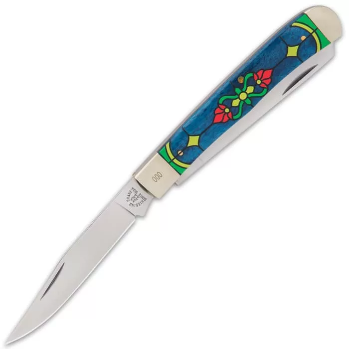 Kissing Crane Sapphire Stained Glass Trapper Knife - Stainless Steel Blades, Bone Handle Scales, Nickel Silver Bolsters 4 Kissing Crane Sapphire Stained Glass Trapper Knife - Stainless Steel Blades, Bone Handle Scales, Nickel Silver Bolsters - Image 3