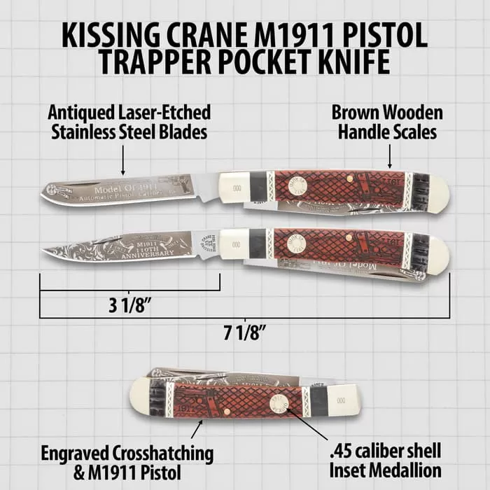 Kissing Crane M1911 Pistol Trapper Pocket Knife - Stainless Steel Blades, Wooden Handle Scales, Nickel Silver Bolsters 5 Kissing Crane M1911 Pistol Trapper Pocket Knife - Stainless Steel Blades, Wooden Handle Scales, Nickel Silver Bolsters - Image 3